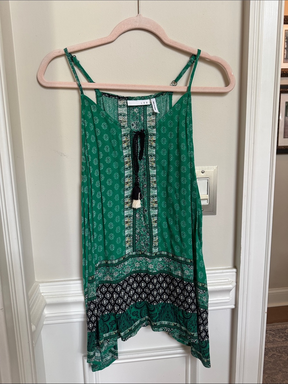 Green Printed Boho-Style Camisole with Tassel Tie